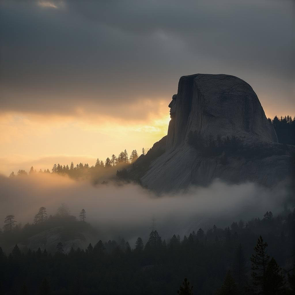 Misty dawn at Crazy Horse Memorial with golden sunlight illuminating the carved face, set against the backdrop of the Black Hills under cloud cover