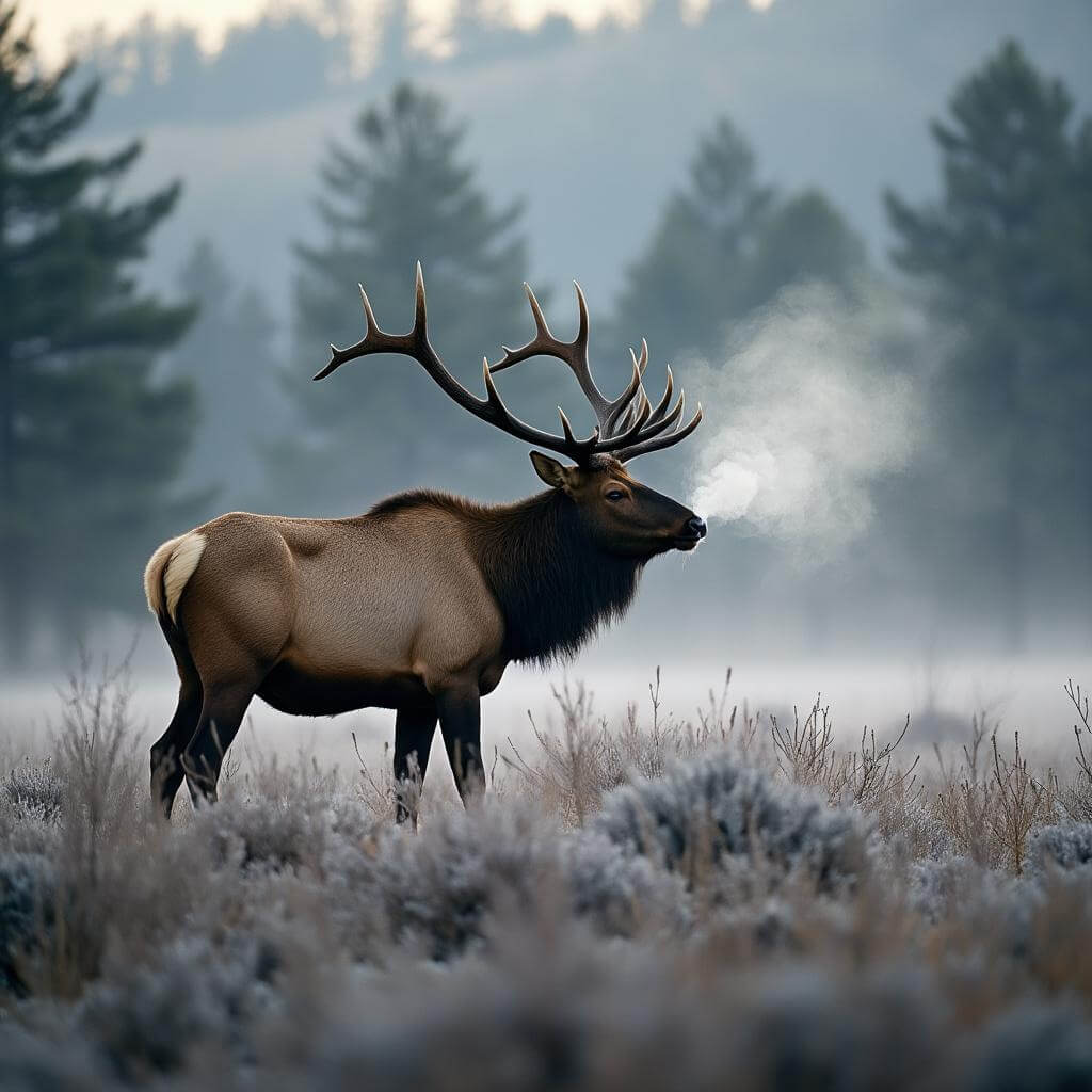 Bull elk exhaling in a frosty mountain meadow at dawn, with silhouetted pine trees in the background