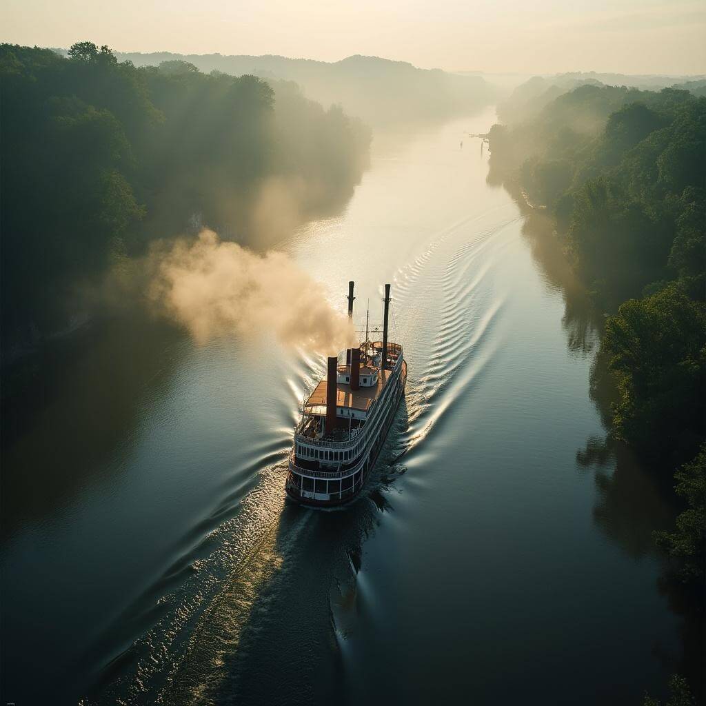 Steamboat cruising on the Mississippi River in misty morning, with smoke plumes, green riverbanks and bluffs