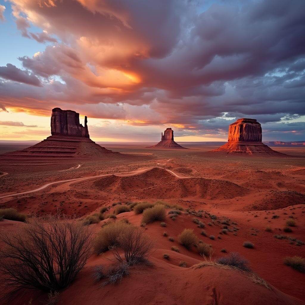 Monument Valley's red sandstone buttes at golden hour with long shadows, desert vegetation, and a dramatic clouded sky with orange and purple hues