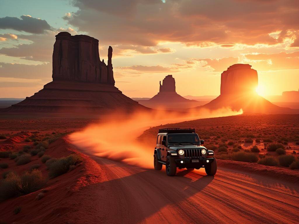 "4x4 vehicle driving on a winding red dirt road in Monument Valley at sunset, with silhouettes of red sandstone buttes and the iconic Mittens rock formations in the background."