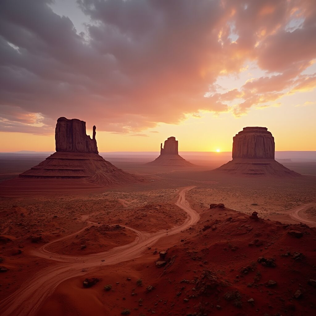 Sweeping landscape of Monument Valley's red rock formations during golden hour, with dramatic shadows and silhouetted buttes against an orange and purple sunset sky