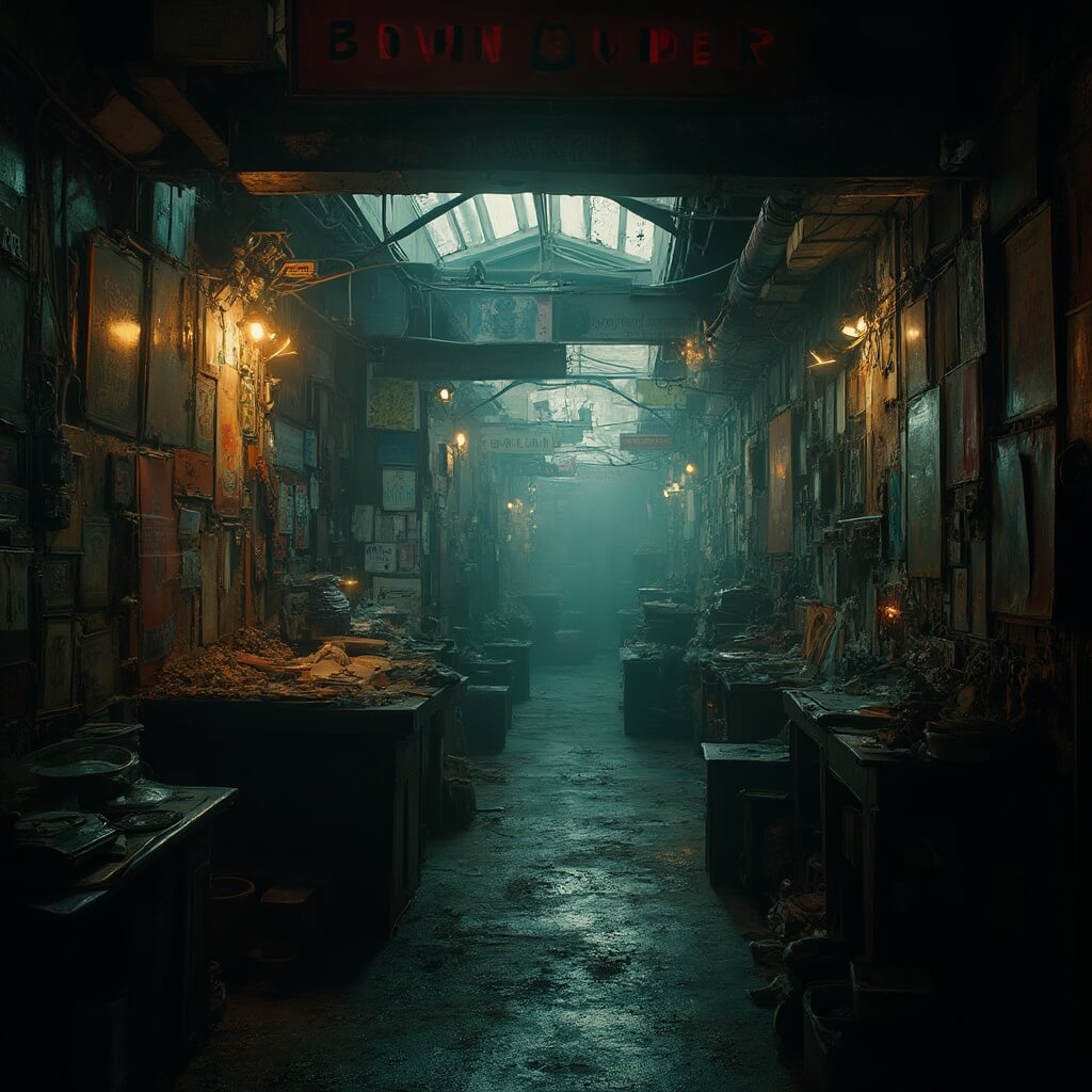 Dimly lit vintage market in Australia featuring shelves of antique posters, collectibles, and unique merchandise