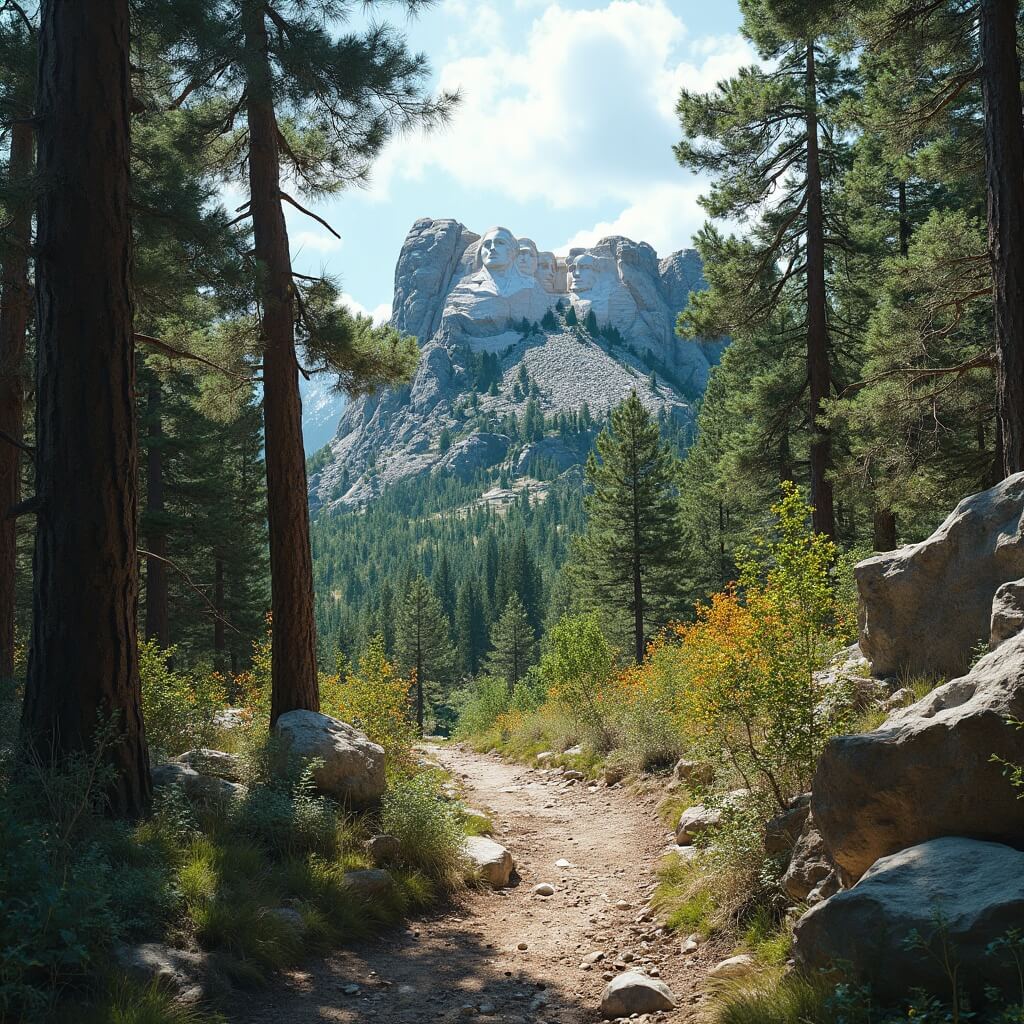 Presidential Trail weaving through dense pine forest and rocky granite formations with a partial view of Mount Rushmore monument in the background.