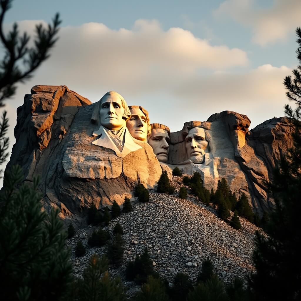 Mount Rushmore bathed in golden afternoon sunlight with detailed carvings of Washington, Jefferson, Roosevelt, and Lincoln against the backdrop of Black Hills forest