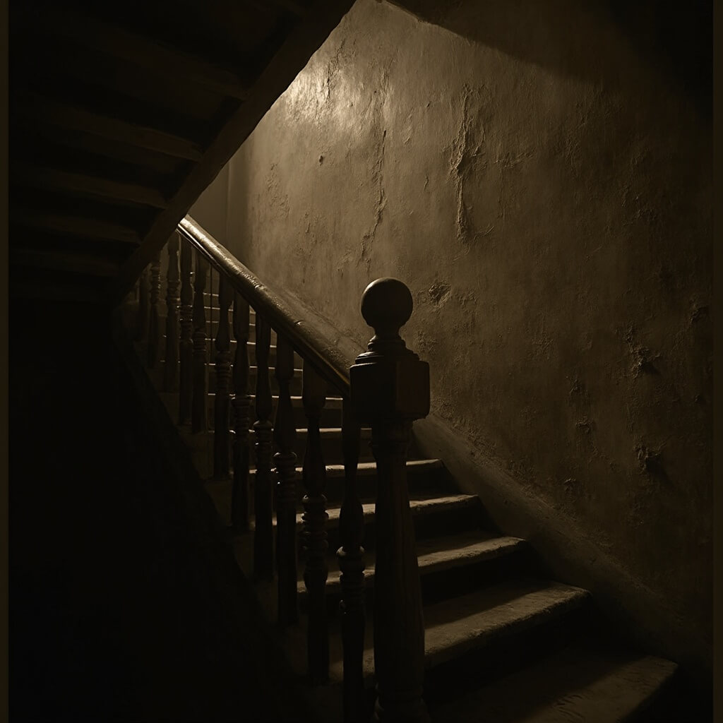 Sepia-toned photograph of a historical staircase leading to a blank wall, lit dramatically from the side, highlighting its intricate wooden banister details