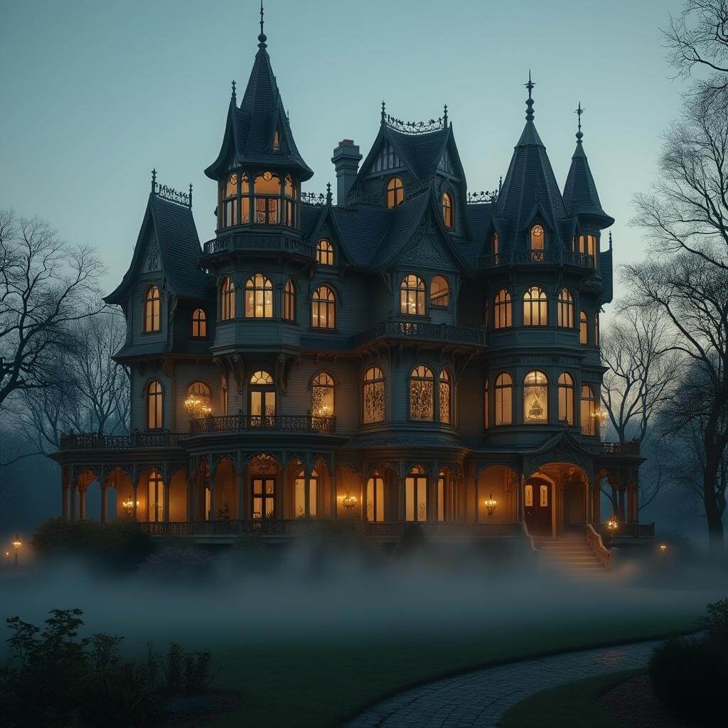 Mysterious Victorian mansion at dusk with golden light radiating from unique windows, foggy garden, and intricate architecture.