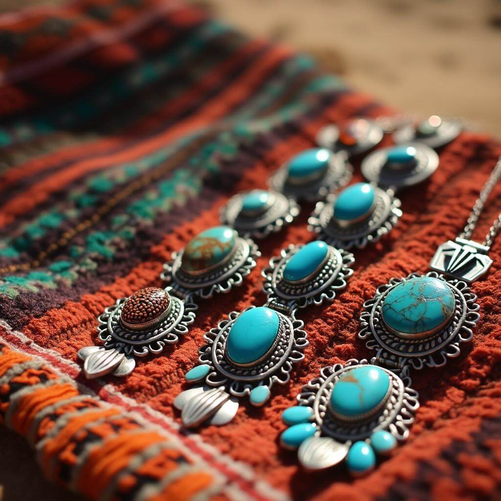 Native American handcrafted jewelry on a woven blanket, with sunlight reflecting off turquoise and silver pieces, against a backdrop of desert sand and traditional textiles