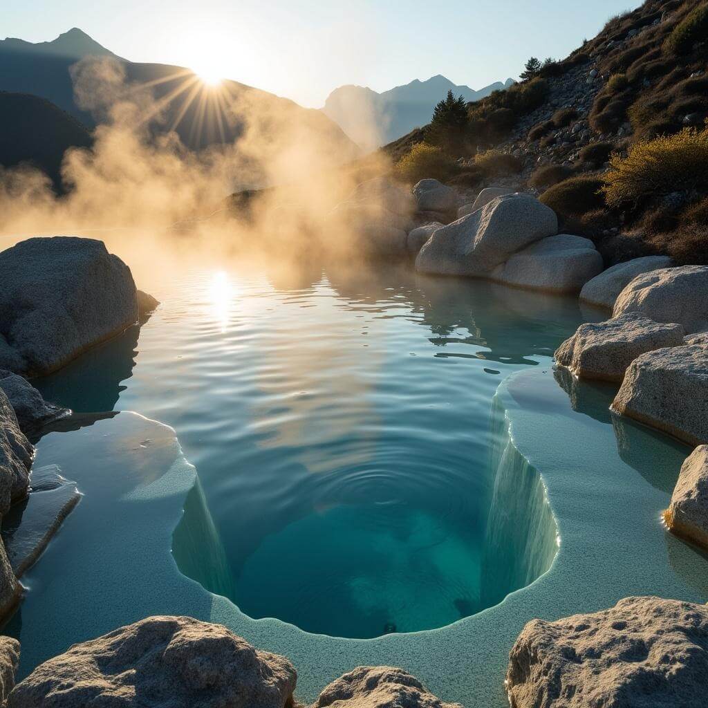Serene hot spring pool in rugged terrain with steam rising from turquoise waters, surrounded by granite rocks, reflecting golden hour sunlight, mountains in the background.