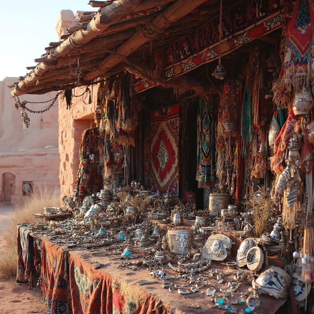 Navajo artisan's market booth displaying handwoven rugs, silver, turquoise jewelry, and Native American crafts with monument backdrop