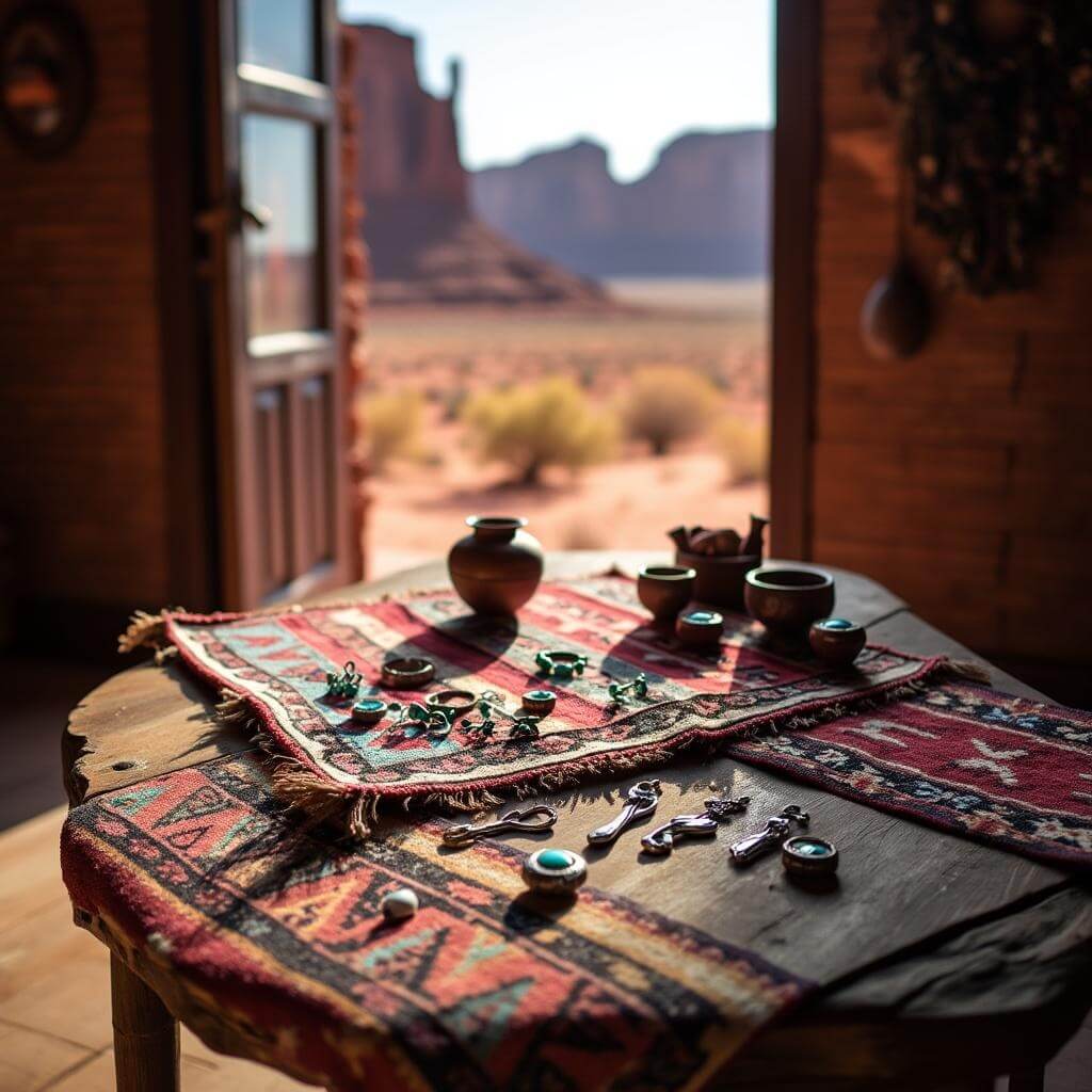 Navajo crafts including woven rugs, silver jewelry, and pottery on a wooden table, lit by morning light with Monument Valley visible through a window.