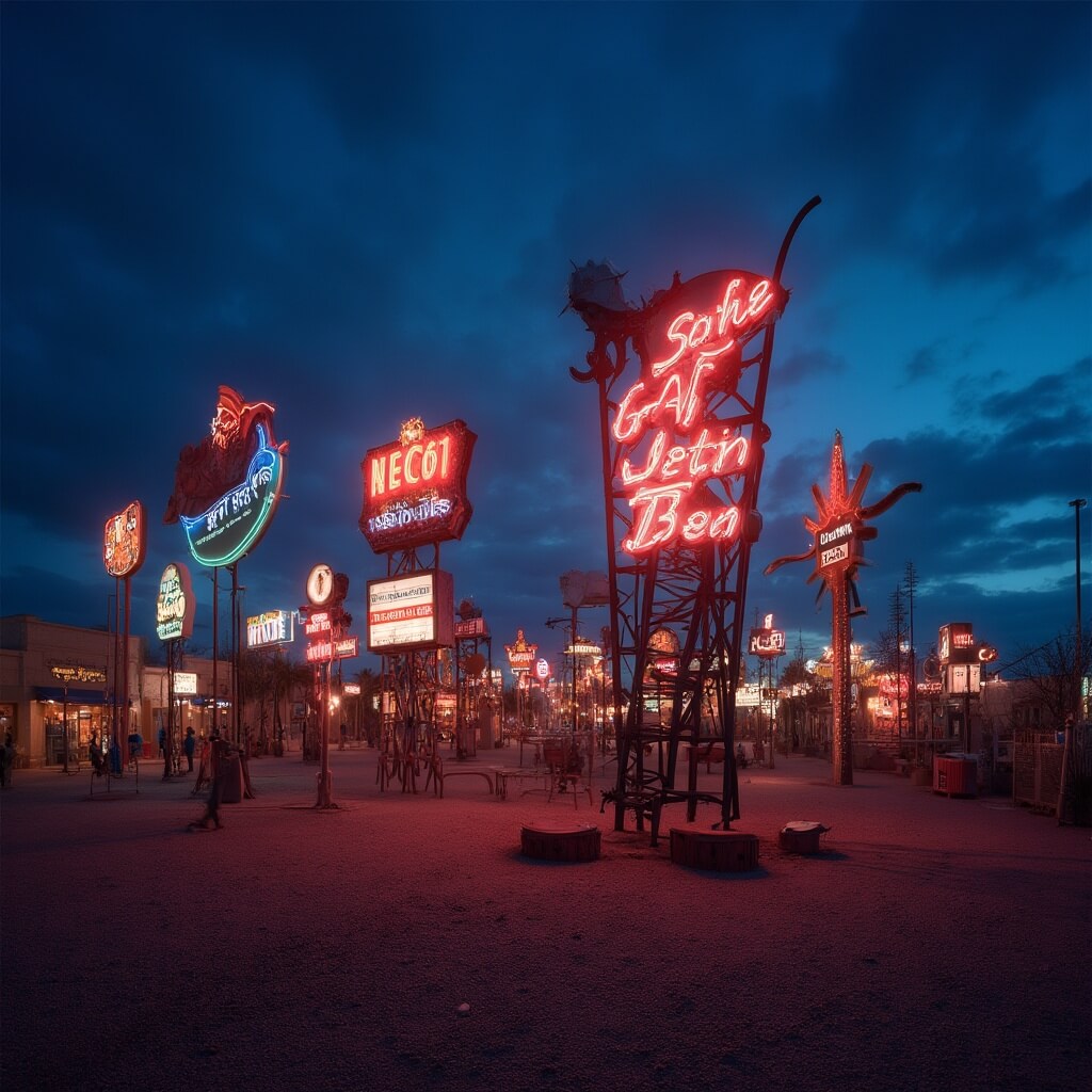 Vintage neon signs at the Neon Museum's 'Boneyard' under a twilight sky