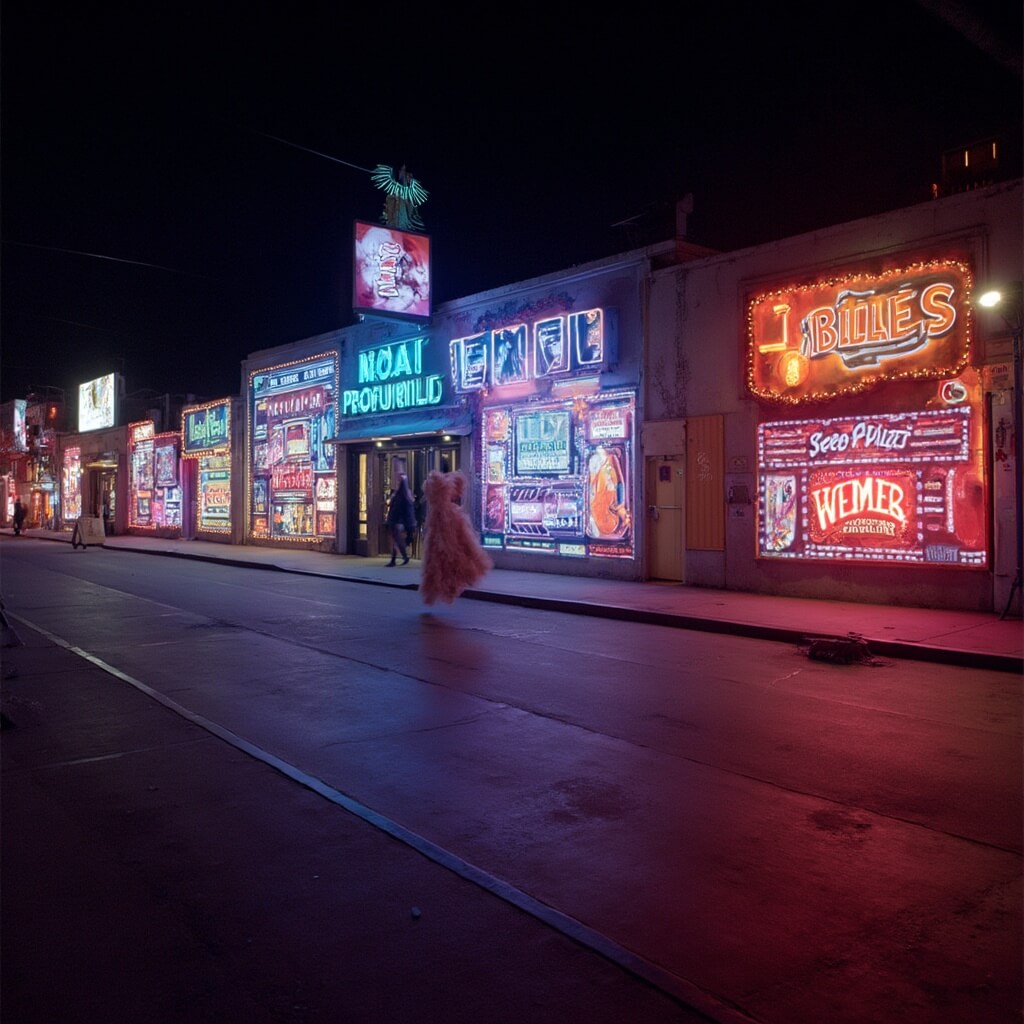 Brilliant Jackpot Show at Neon Museum at night with augmented reality light projections creating a colorful and dynamic landscape from historic neon signs.