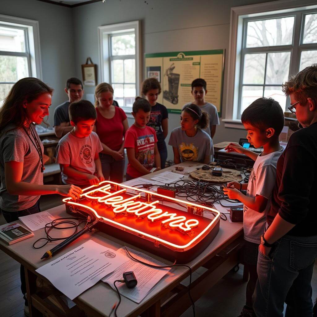 Diverse group of students engaged in an interactive learning session about neon sign restoration at a museum, with preservation tools, educational materials, and demonstration equipment, in an indoor exhibition space illuminated by natural light.