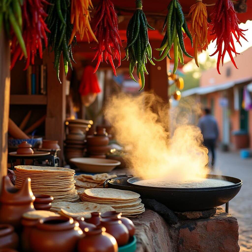 Traditional New Mexican food market at dawn with red and green chile ristras, handmade tortillas on a comal, and displayed pottery and woven baskets in warm light