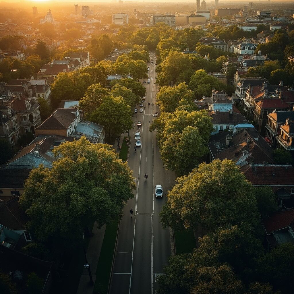 Aerial view of the Garden District in New Orleans at golden hour with oak trees over historic mansions