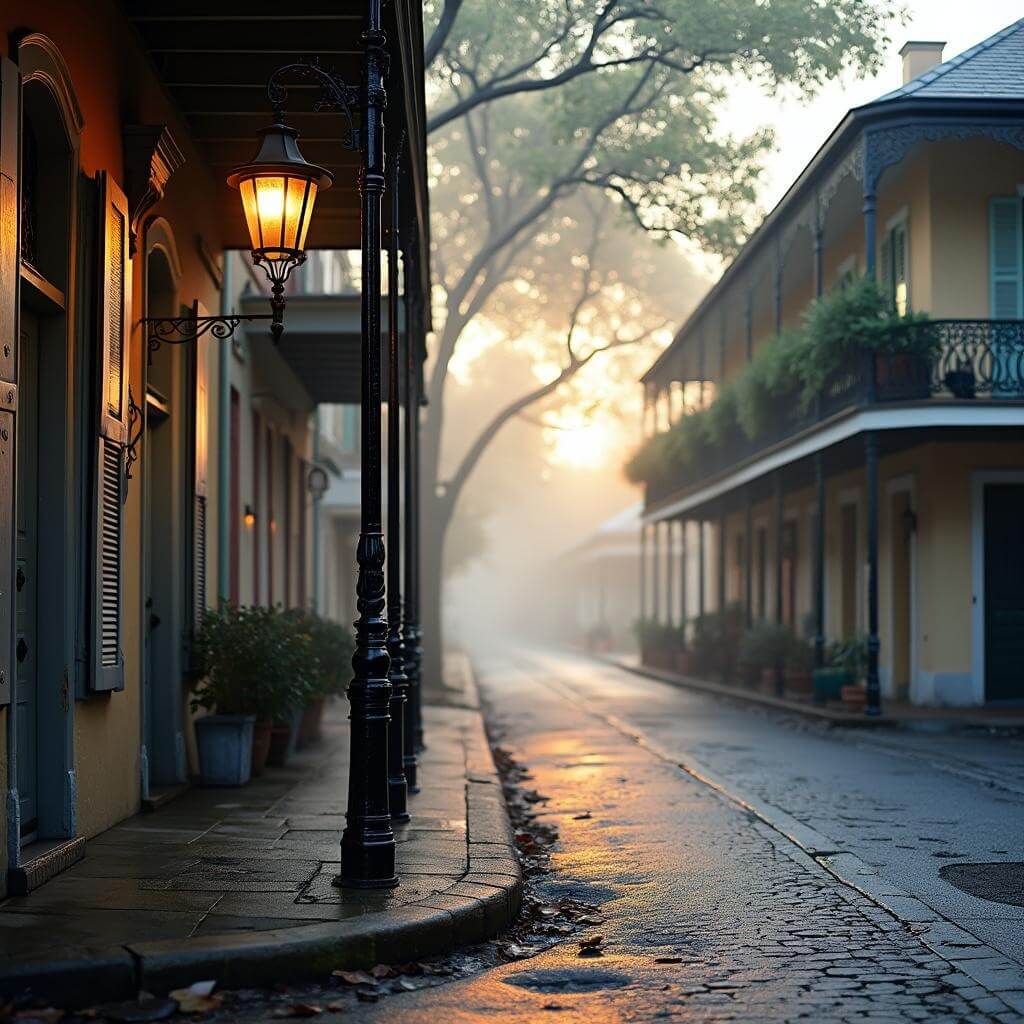 Historic Garden District street corner at dawn in New Orleans with traditional gas lamp, wrought iron balcony, dewy cobblestones, and morning light on pastel-colored homes