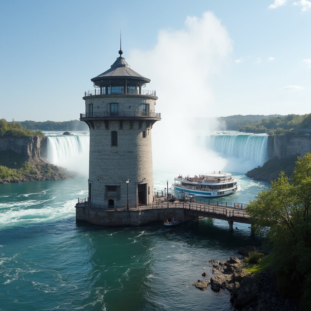 Historic Observation Tower at Niagara Falls State Park with boarding area and electric boat, juxtaposing human architecture with natural beauty.