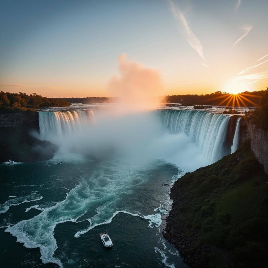 Sunset view of Niagara Falls from both American and Canadian sides with Hornblower boat visible, emphasizing contrast in perspectives and soft filter effect from falls' mist in golden light.