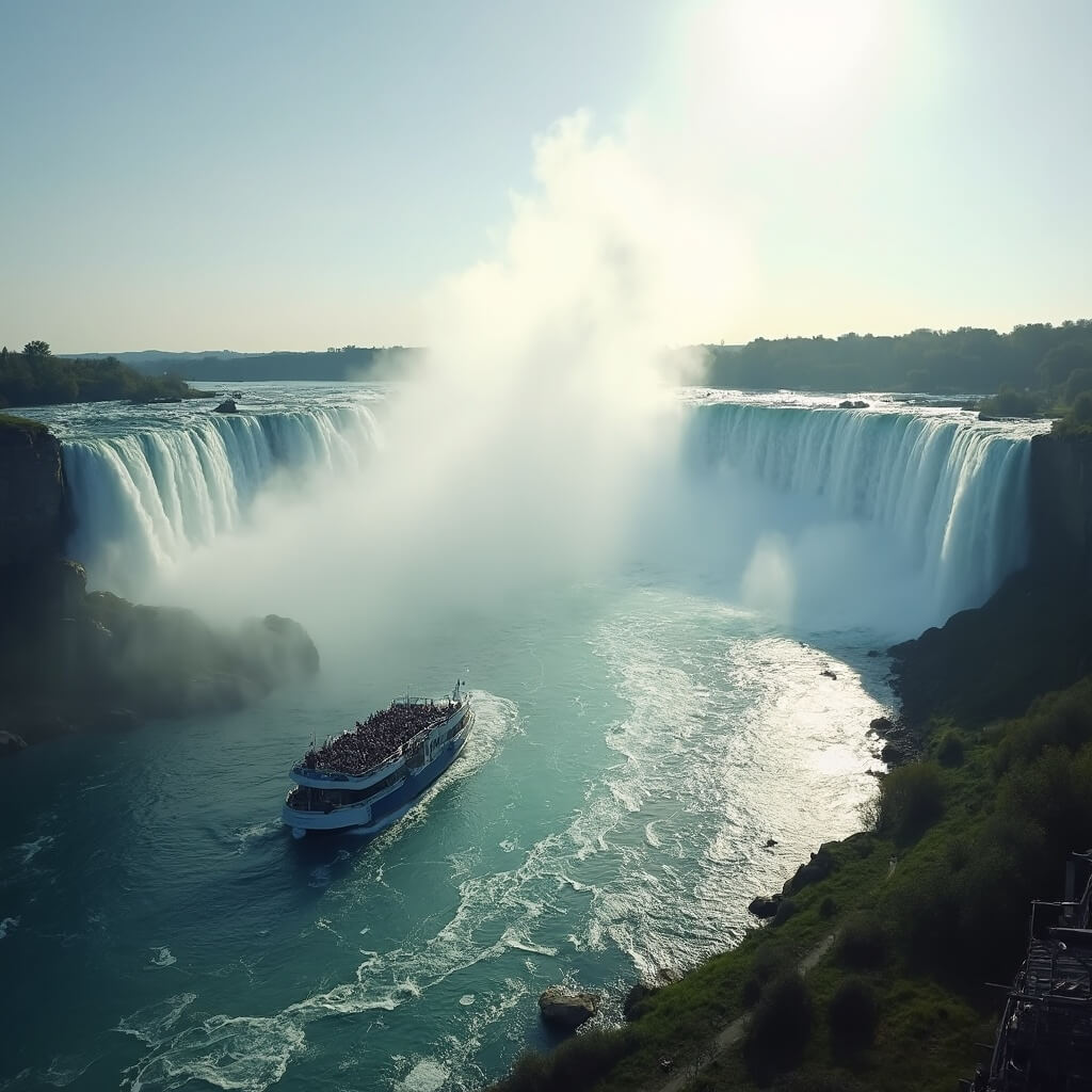 Maid of the Mist boat at Niagara Falls in early morning light with rising water mist