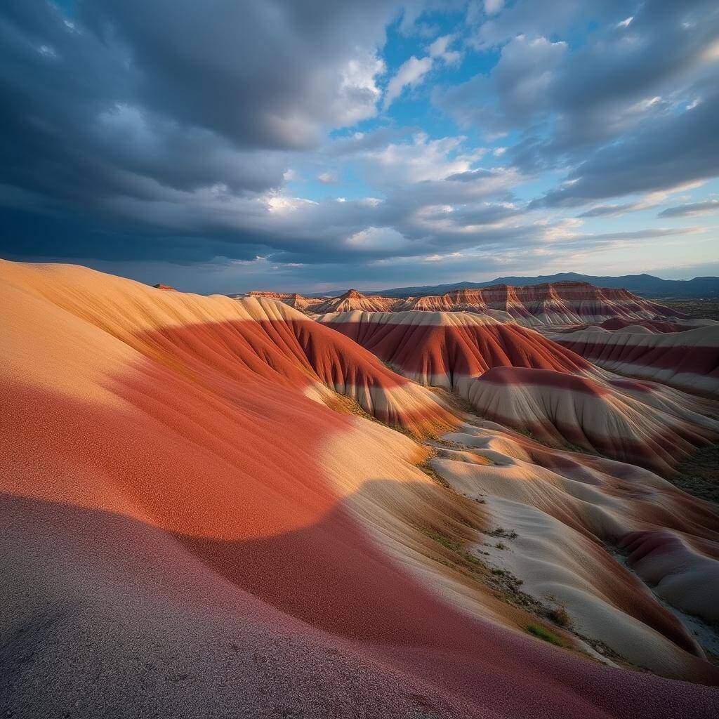 Golden hour landscape of Painted Hills' layered formations in rust red, ochre, and cream colors with dramatic clouds against a deep blue sky