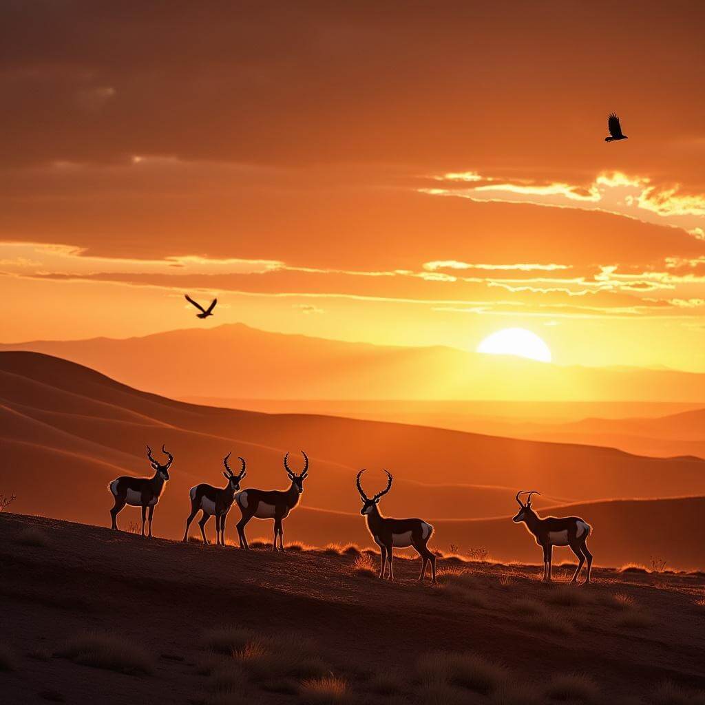 Pronghorn antelope family silhouetted against Painted Hills at sunrise, with golden eagles soaring in the dawn sky
