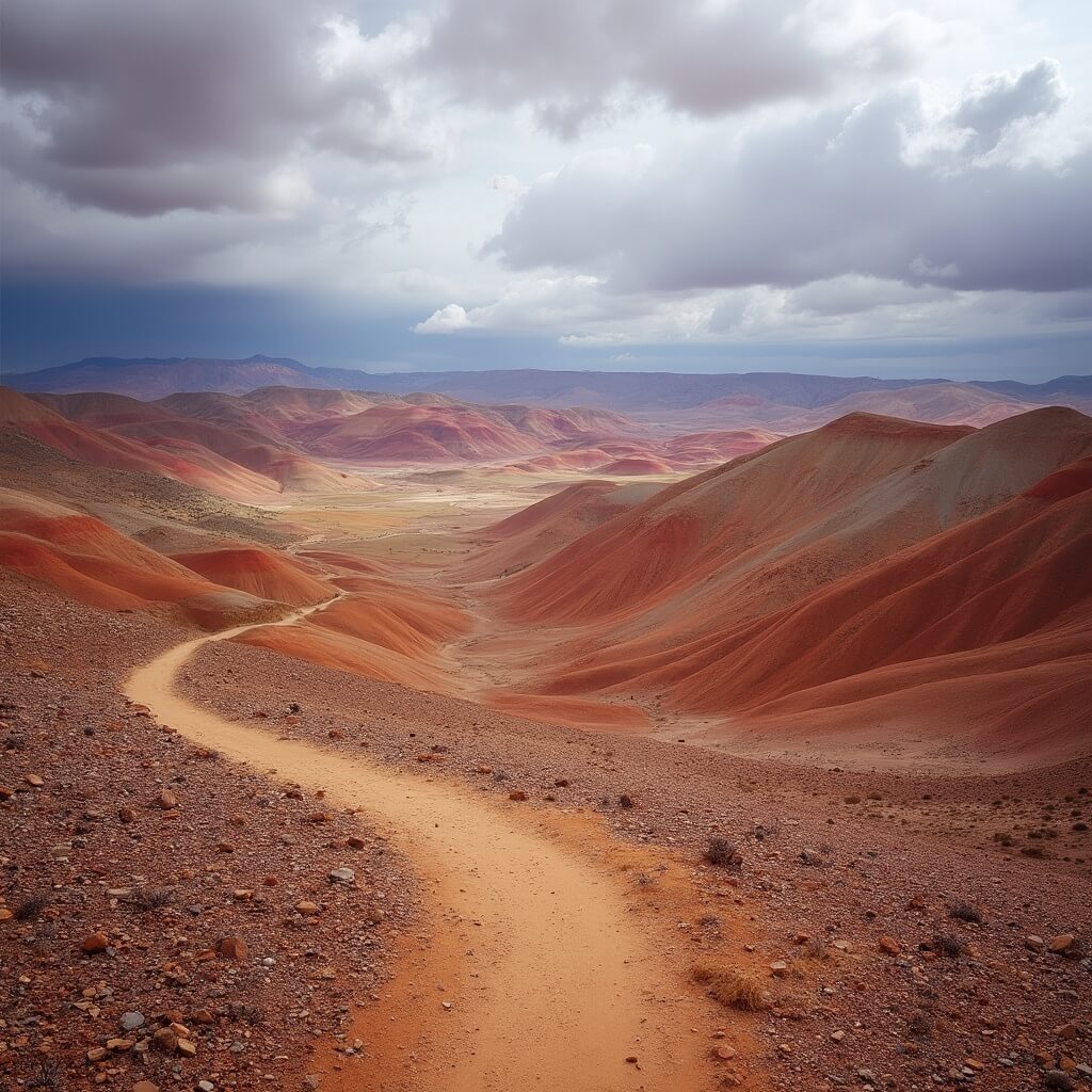 Winding hiking trail in the Painted Hills showcasing dramatic high desert landscape with colorful rolling hills under a dramatic sky