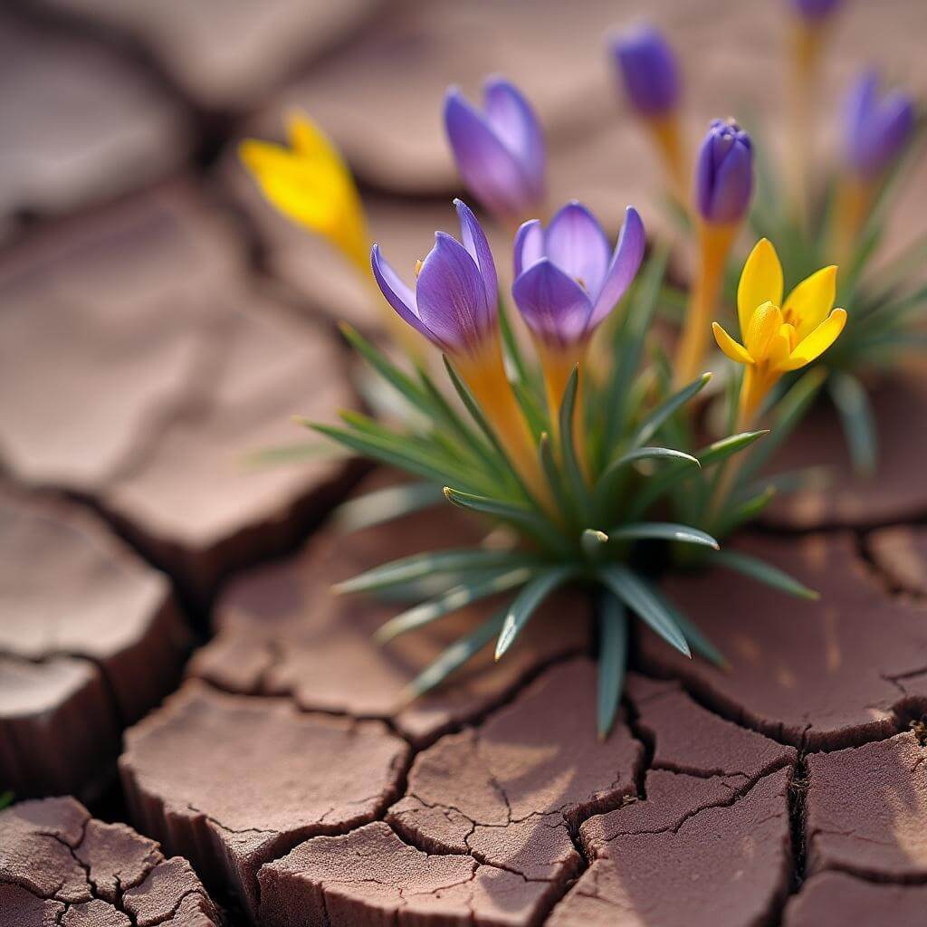 Close-up of purple and yellow spring wildflowers growing in cracked soil of the Painted Hills