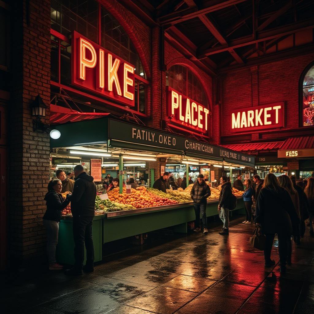 Dusk at Pike Place Market featuring warm, ambient lighting, red brick walls, locals shopping at vendor stalls, and golden hour light through the market's historic windows.
