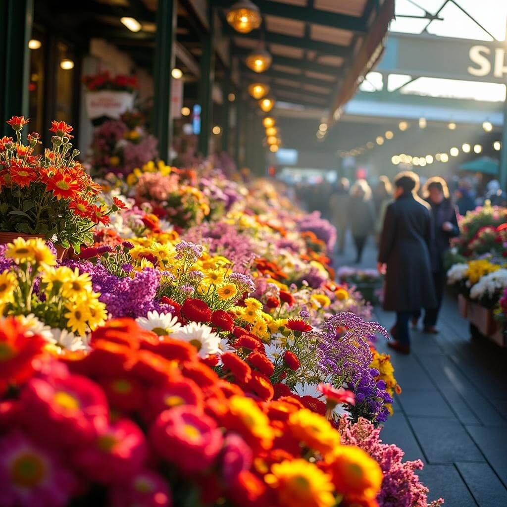 Vendors arranging colorful flower bouquets in Pike Place Market on a vibrant spring morning, with sunlight streaming through the blooms creating a kaleidoscope effect.