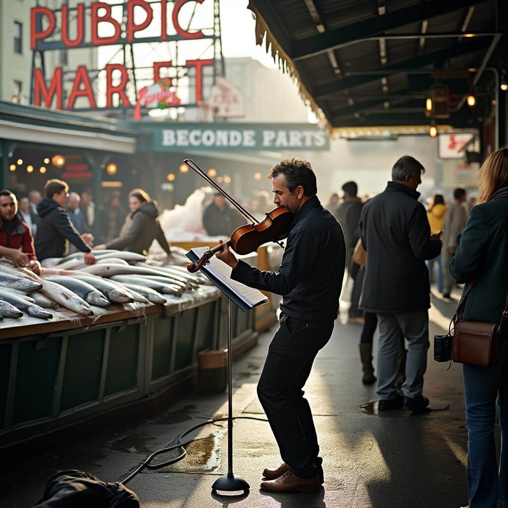 Classical violinist performing at the Pike Place Market during daytime, with fish vendors throwing fresh catches in the background, in a blend of music and market bustle.