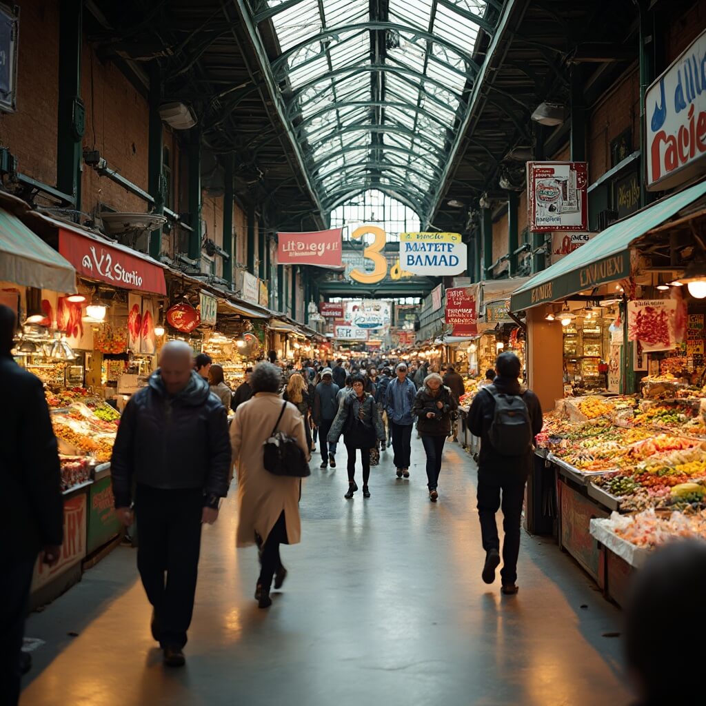Bustling interior of Pike Place Market's Main Arcade with vendor stalls, fresh produce, and diverse crowd