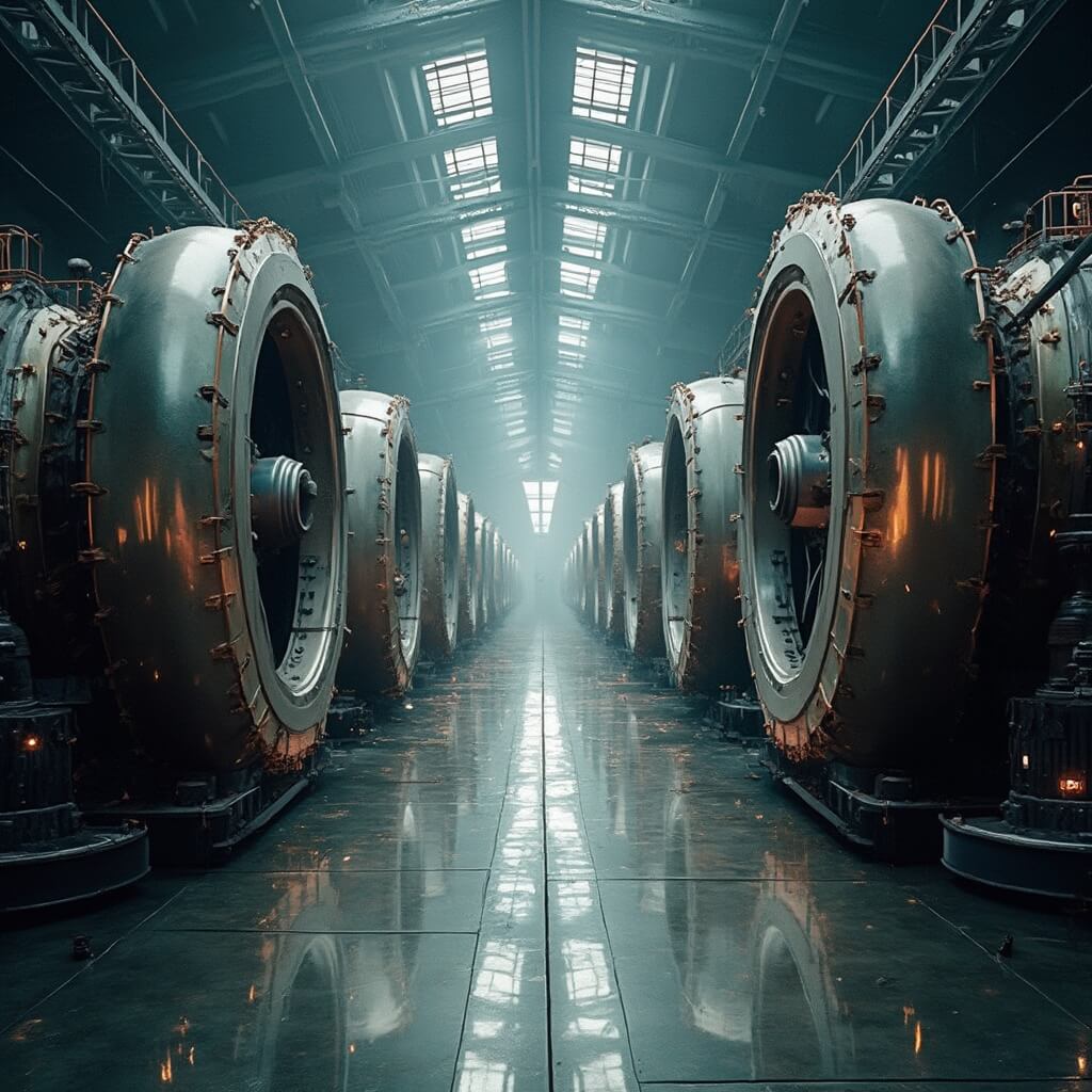 Interior view of a large turbine hall with rows of massive power generators under soft, dramatic lighting highlighting mechanical details and metallic finishes