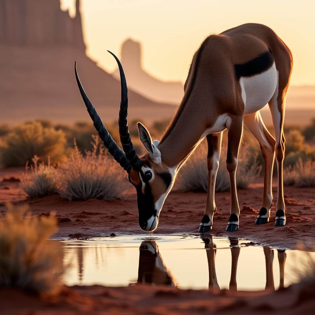 Pronghorn antelope drinking from a desert pool at dawn, Monument Valley's mittens formation silhouette in the background, red sand and scrub brush in the foreground