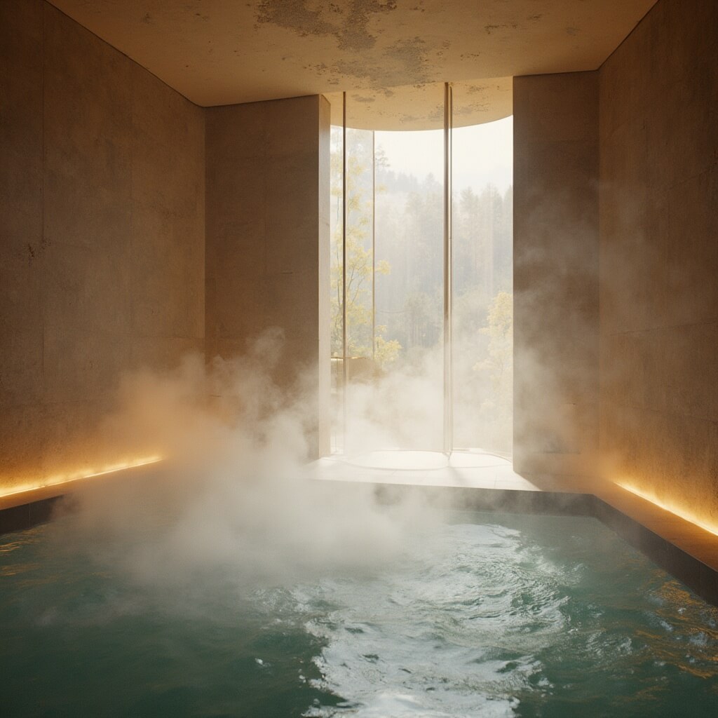 Interior view of Quapaw Baths & Spa showcasing a steamy thermal pool, soft warm lighting and modern wellness amenities