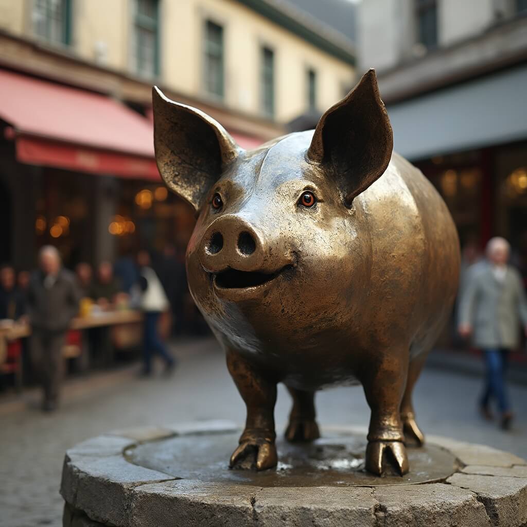 Close-up of Rachel the Piggy Bank bronze statue at Pike Place Market, showing intricate details and reflecting historic surroundings