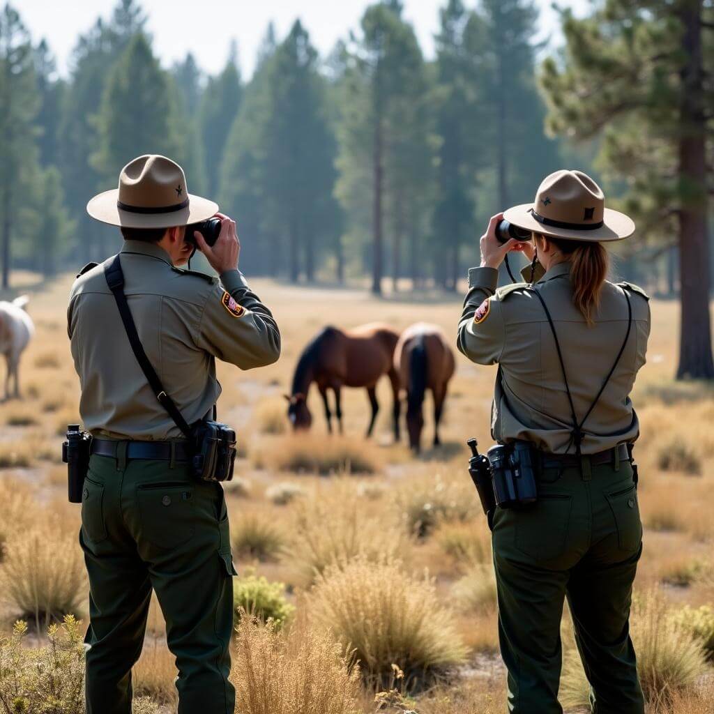 Park rangers observing a small herd of wild horses through binoculars and cameras in early morning light, amidst a pine forest backdrop