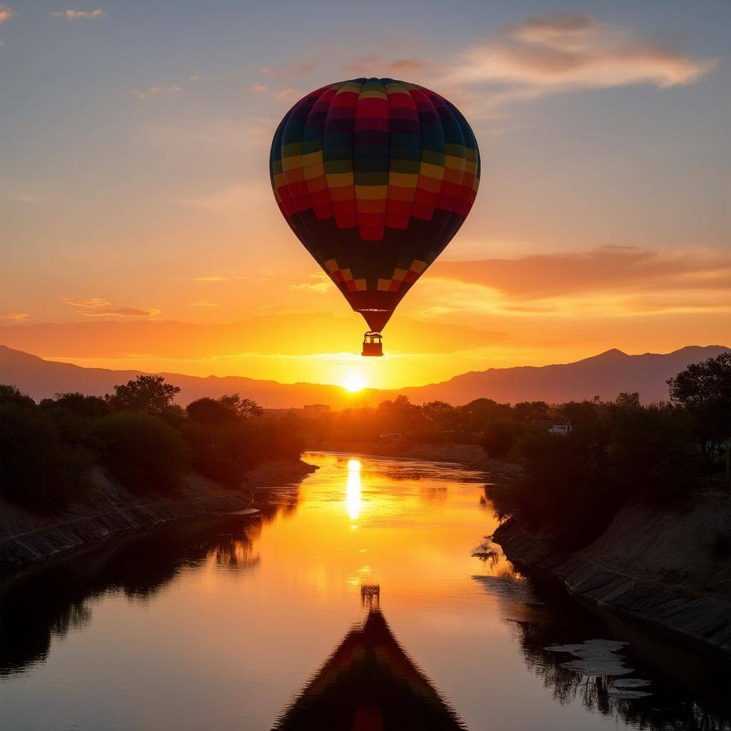 Colorful hot air balloon silhouette against sunrise over Rio Grande Valley with Sandia Mountains backdrop and reflection in calm river waters