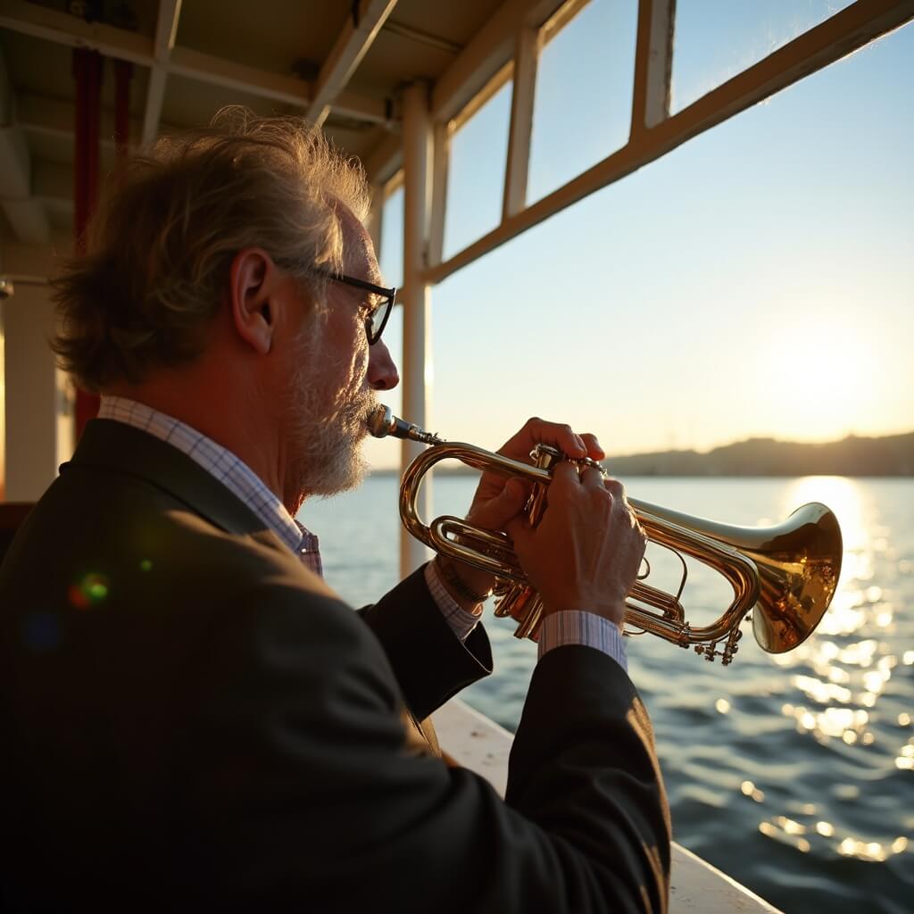 Jazz musician playing trumpet on a steamboat deck, sunlight reflecting off the instrument with Mississippi river in the background