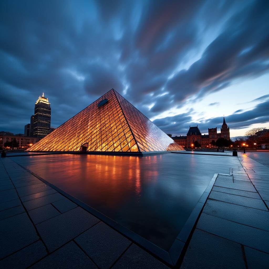 Rock & Roll Hall of Fame building with glass pyramid reflecting sunset, surrounded by Cleveland cityscape and Lake Erie, with long exposure cloud movement