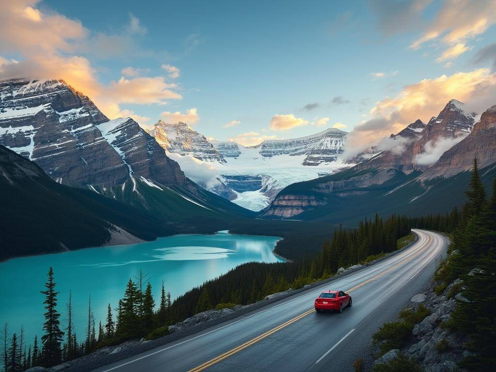 "Aerial view of Columbia Icefields Parkway with snow-capped Canadian Rockies, turquoise glacial lakes, and a lone red car, in golden morning light, highlighting Peyto Lake's wolf-head shape and Athabasca Glacier in 8K resolution."