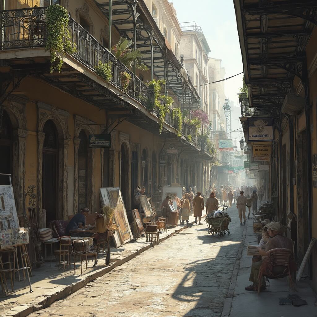 Bustling Royal Street scene in New Orleans featuring antique shop windows, artwork by local artists, wrought-iron balconies, sunlight illuminating the street and classic local architecture rich in historical depth.