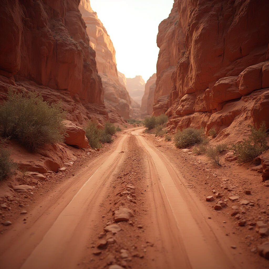 Dirt road winding through red rock formations with deep ruts and rocky terrain in warm afternoon light