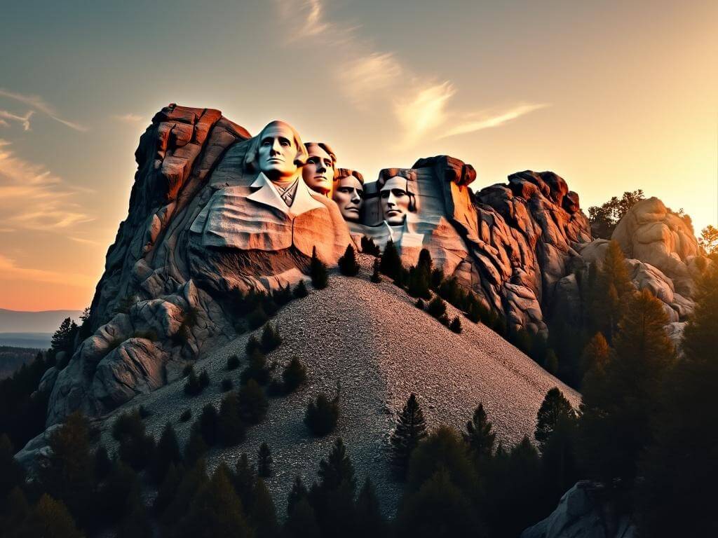 "Mount Rushmore illuminated by sunset light with the Avenue of Flags and the American flag in the foreground, and the Black Hills stretching into the distance"