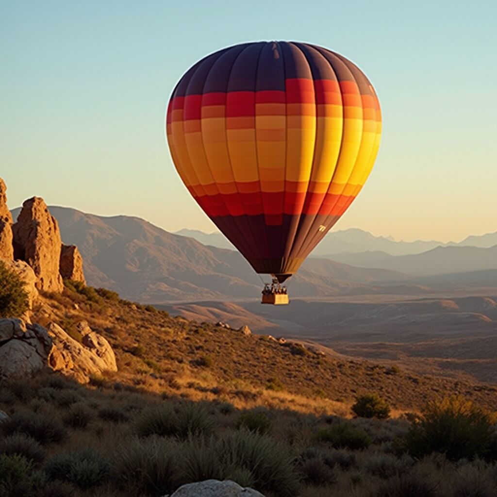 Hot air balloon ascending at sunrise over golden Sandia Mountains in New Mexico