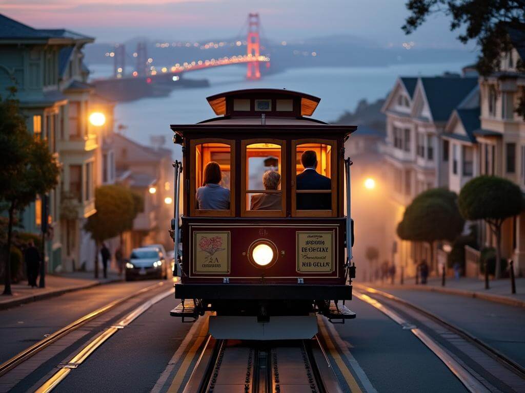 "Vintage San Francisco cable car ascending a steep hill at dusk, illuminated by warm lights, with Victorian houses on the street sides, and misty Golden Gate Bridge in the background, with gripman and passengers visible, amidst rising steam and rolling fog."