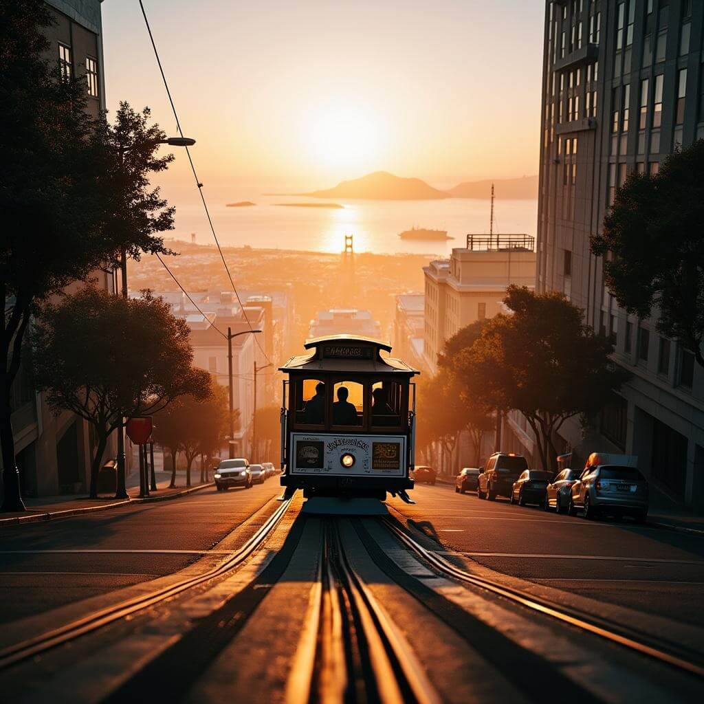 San Francisco cable car ascending a steep hill at sunrise, with Alcatraz Island in the misty background