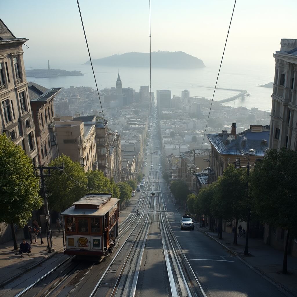 Cable car moving on Powell-Hyde line with Russian Hill curve, Alcatraz Island in the distance, and typical San Francisco architecture in a misty morning setting