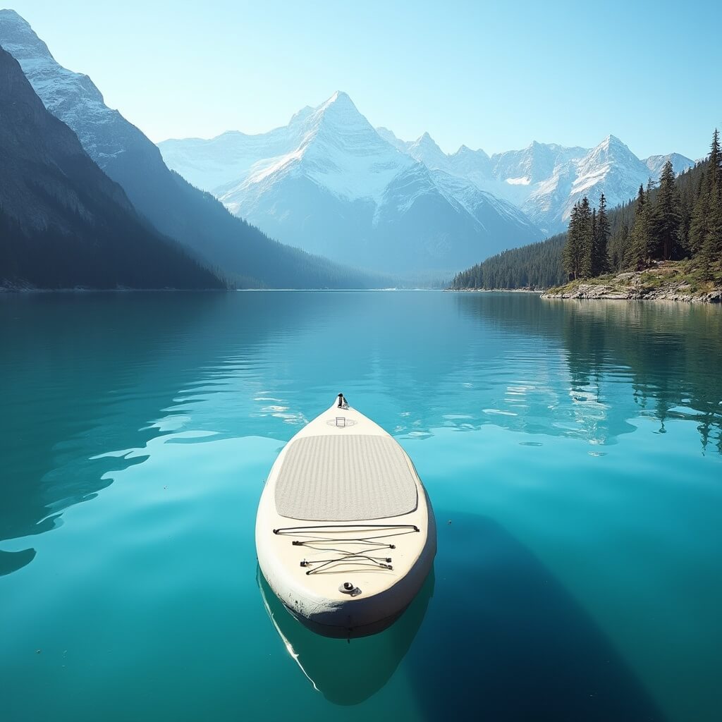 Paddleboard on clear turquoise water with reflection of snow-capped Sierra Nevada mountains in early morning light