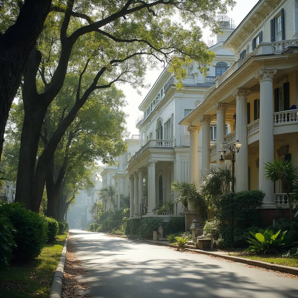 Historic mansions with various architectural styles along St. Charles Avenue, shaded by mature trees and surrounded by green landscaping